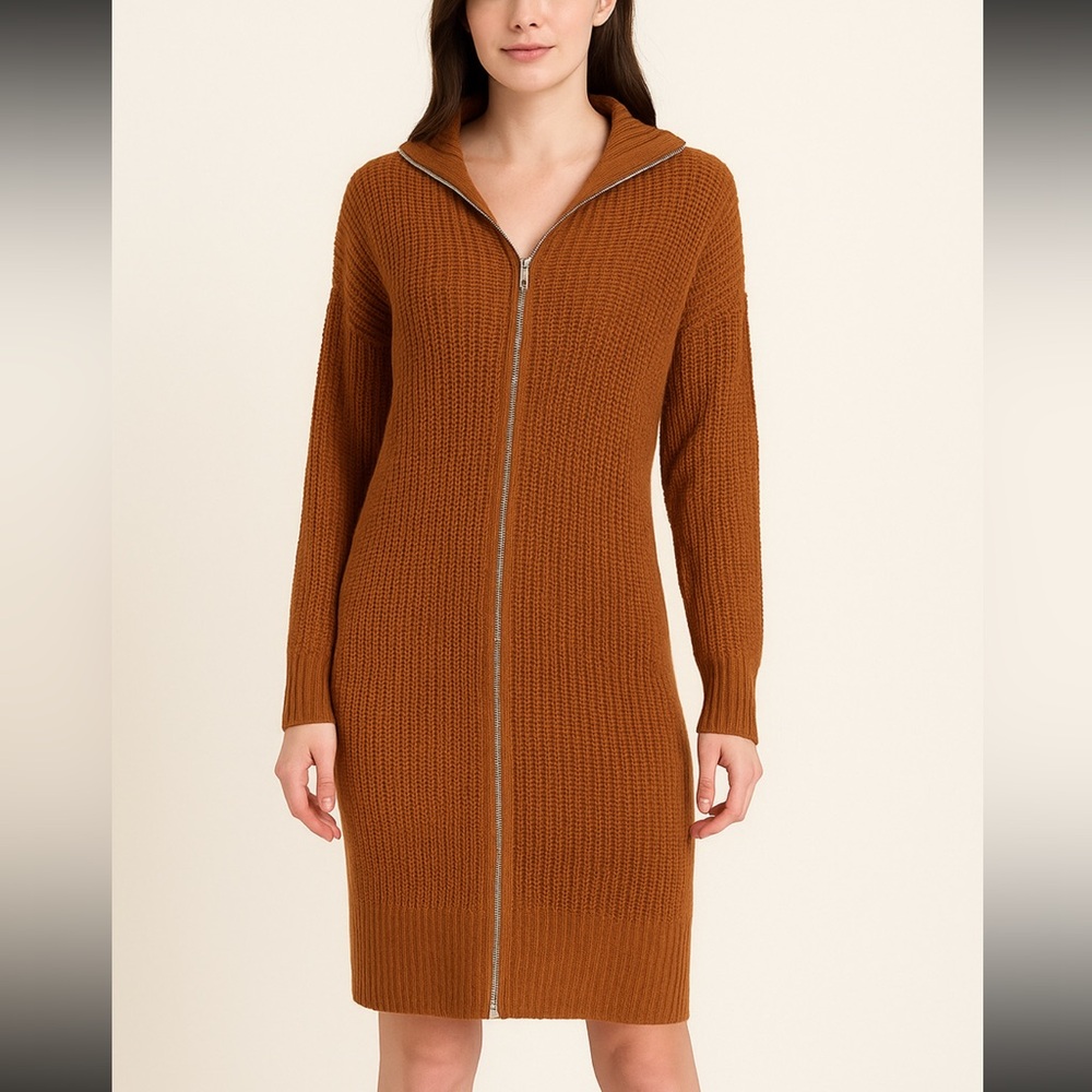 Olive & Oak Rust Brown Long Zip Front Knit Cardigan Sweater M New with tags